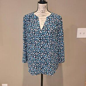 NWT NYDJ Dark Blue, Turquoise and White print 3/4 Sleeve Blouse Size Medium